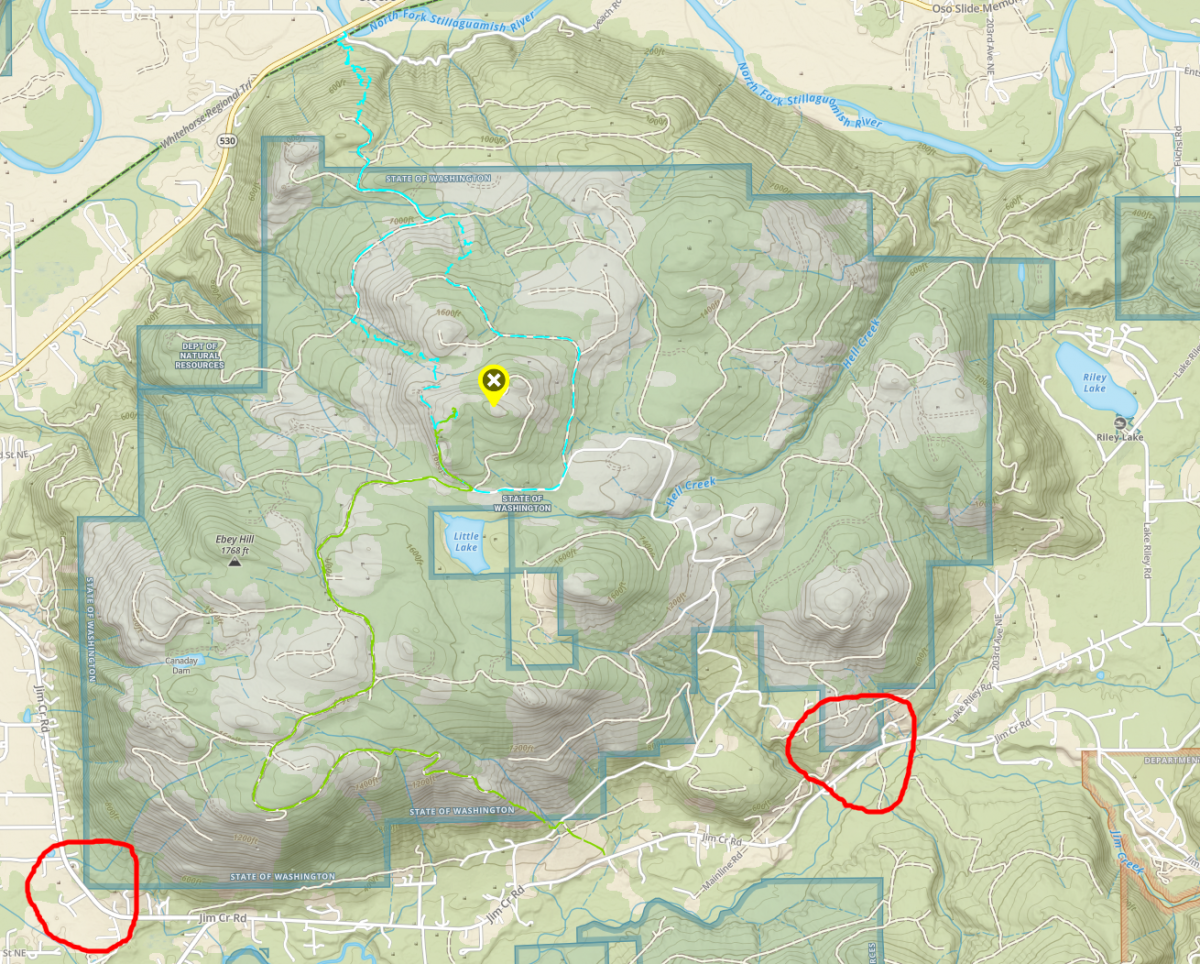 Onx map screenshot, highlighted circles showing access points