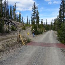 Hiking trail goes up and to the left on a 2-track