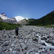 Contemplating difficult travel up Fryingpan Creek.  Aim for low spot (second on right, with trees) on Goat Island Mountain, just right of center.