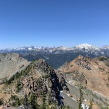 Summit Scene: West and Middle Peaks showing, with Sprite Lake and Paddy Go Easy Pass visible on right edge of shot, middle