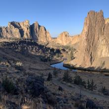 Smith Rock SP towers and Crooked River in fall sunshine, looking SW