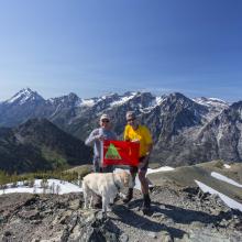 Tim, KG7EJT and Mark, K7MAS + Dexter the SOTA Dog on summit Navaho Peak.  Photo Tim Nair.