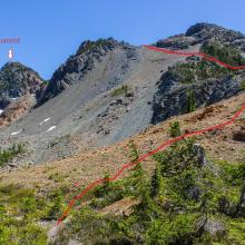 Tucquala Peak SOTA, showing summit and approximate route to Key Col.  Photo KG7EJT, Graphics K7MAS.