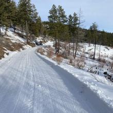 A freshly groomed trail for the descent