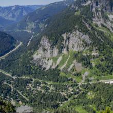 Looking down the west face to the Alpental area, 2000 feet below us