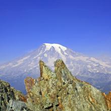At Pinnacle ridge saddle looking north to Mt Rainier and Lil Tahoma