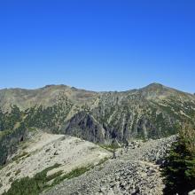 A side shot of Mt Fremont looking from the west.  The peak on the right is the real summit.  The lower peak on the left is the Fire Lookout Site.