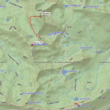 Red dots that begin at the saddle X above Hidden Lake, elev 6500 ft, show the off trail route to the summit