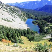 Looking down to Hidden Lake from (almost) the top of the saddle.