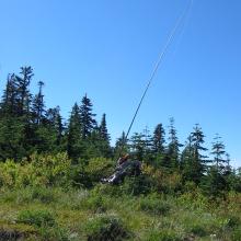 The operating position.  Jackite pole and EFHW. Almost vertical :-)