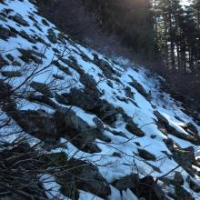 The talus slope, cross and ascend diagonally