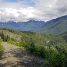 Hiking back down and looking east...can see Sultan Basin Road in middle right